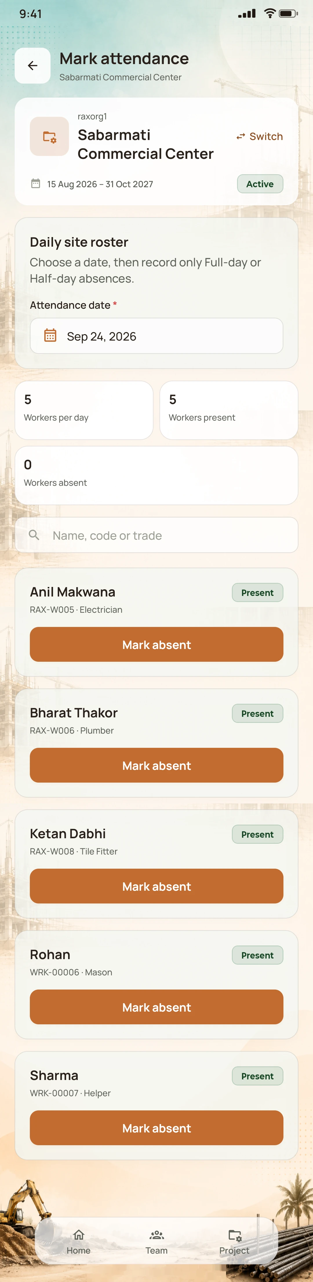 NirmanSite app: daily site roster for attendance