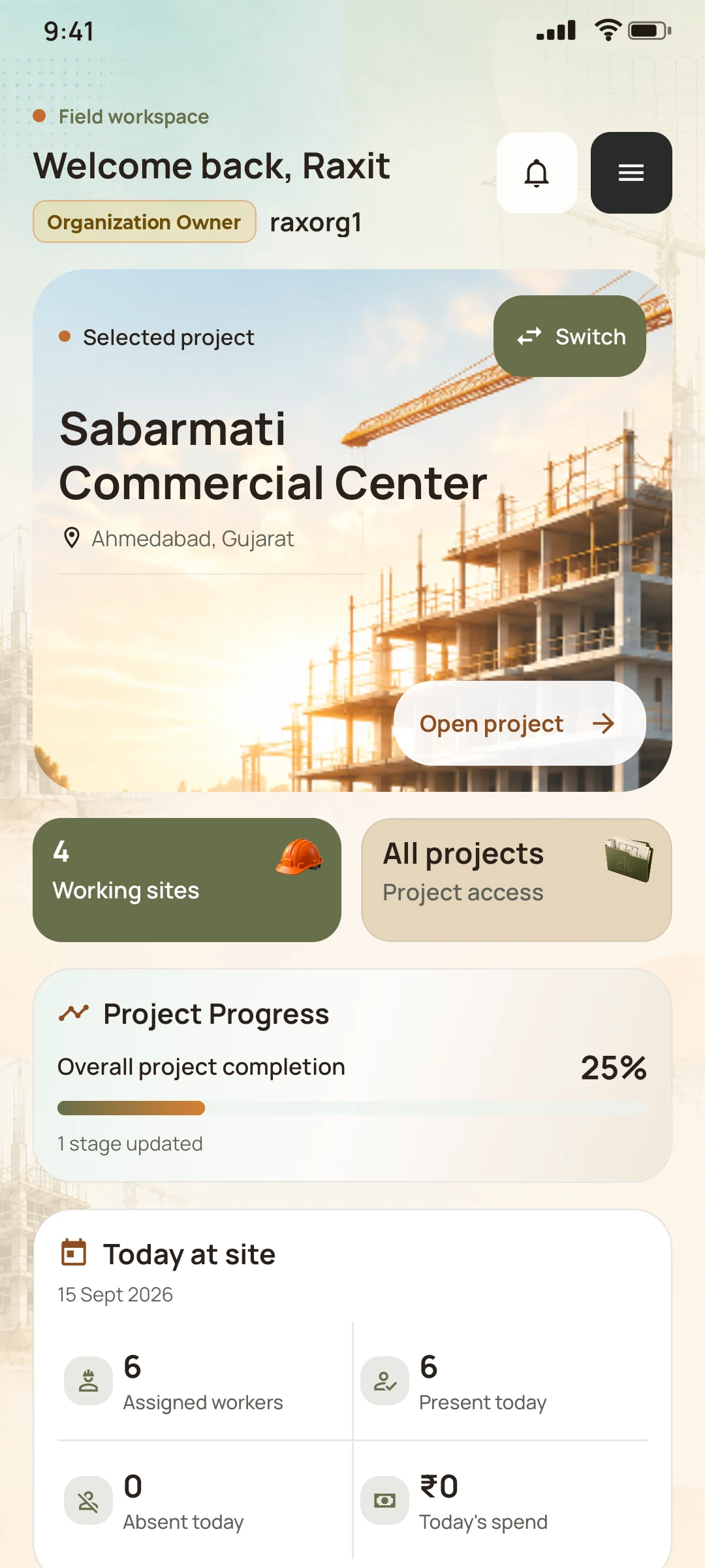 NirmanSite dashboard screen: Your site. In your pocket.