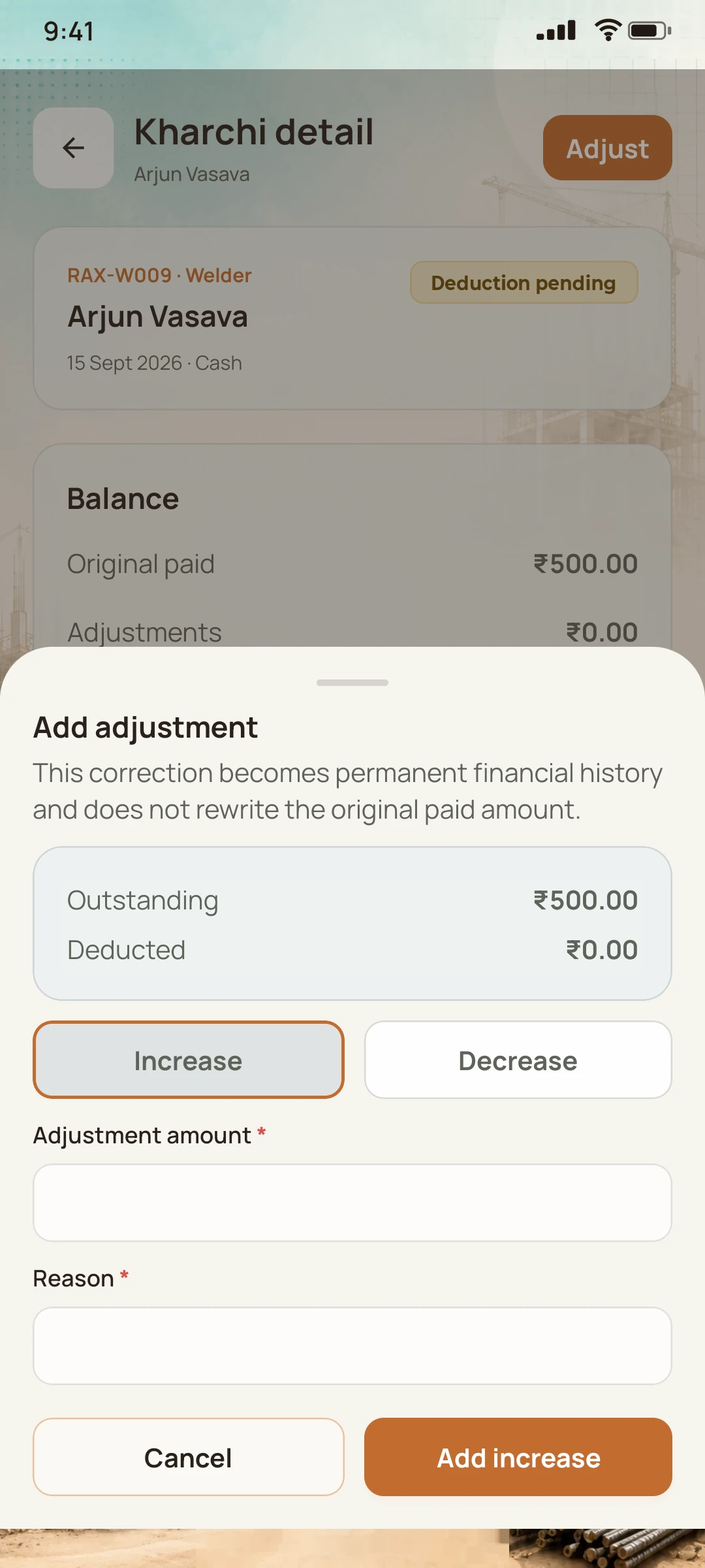 NirmanSite app: Kharchi (worker advance) detail