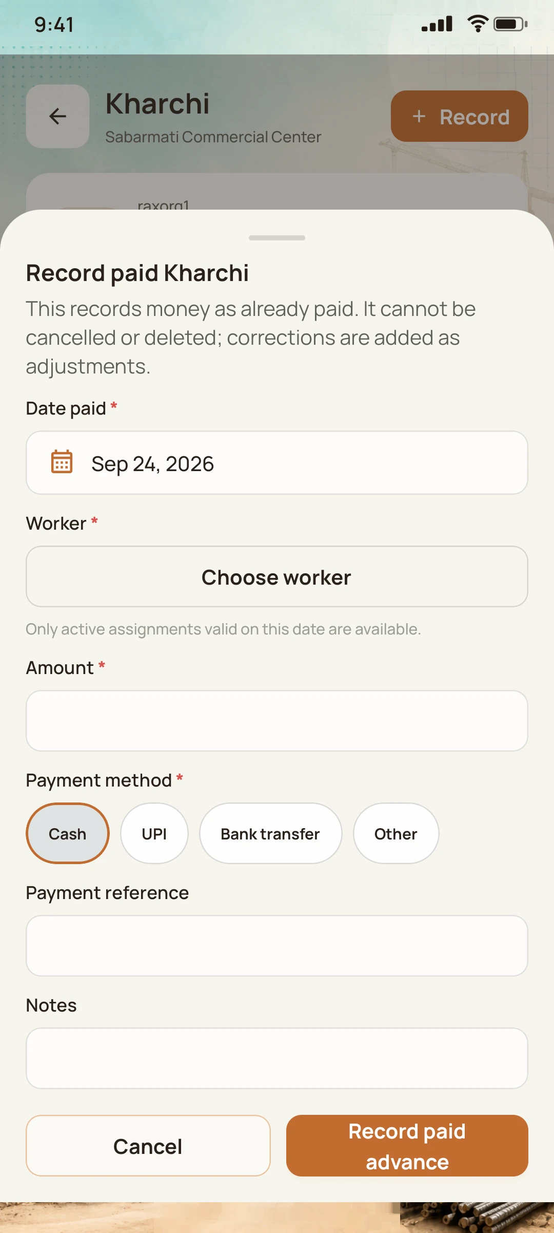 Record paid Kharchi: date, worker, amount and payment method