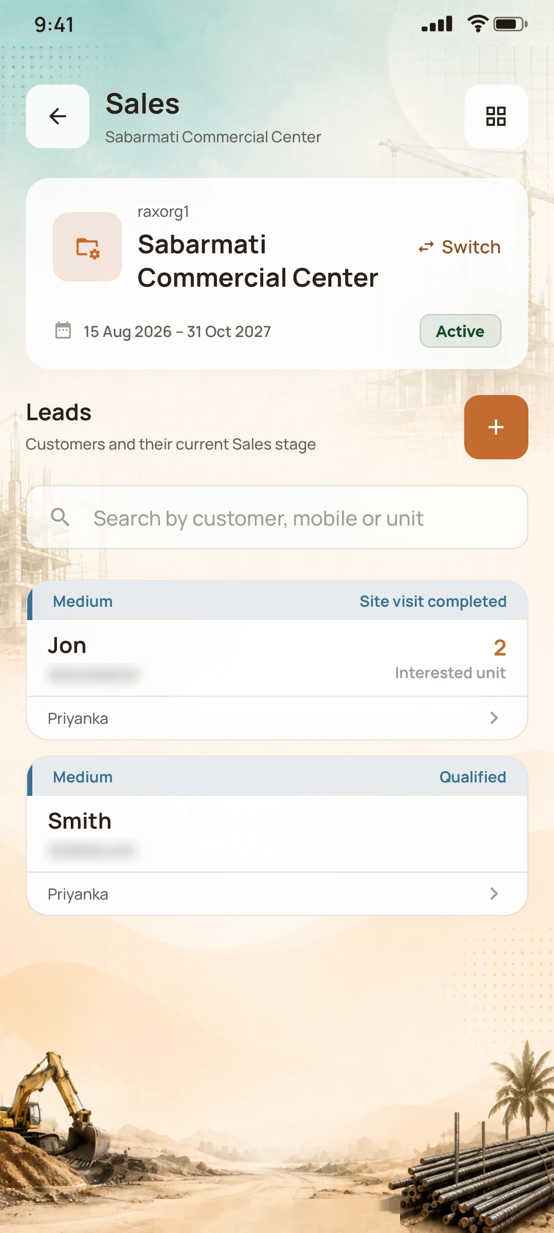 Sales leads for the project, each with its stage