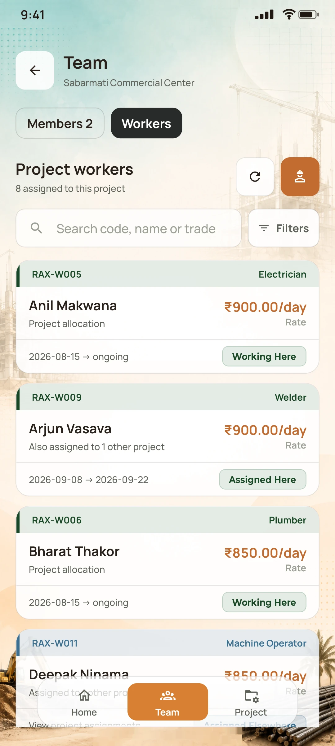 Team screen with project workers, their trades and daily rates